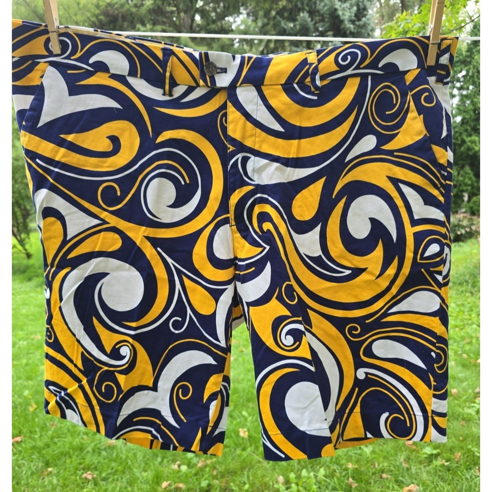 Loudmouth golf shorts mens 46 blue yellow Gold White Swirl Notre Dame Cotton